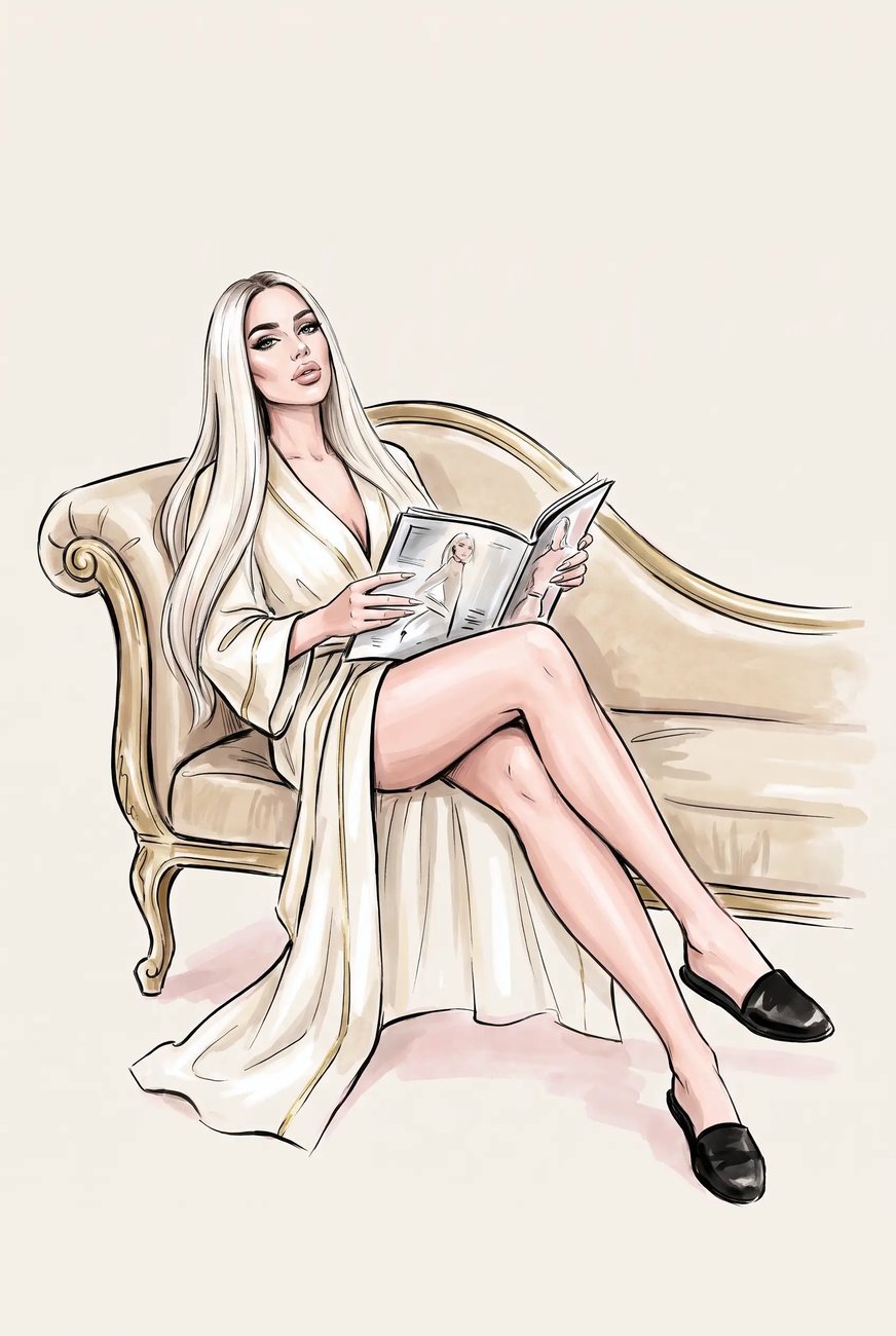 Illustration of Grace reading on a velvet chaise